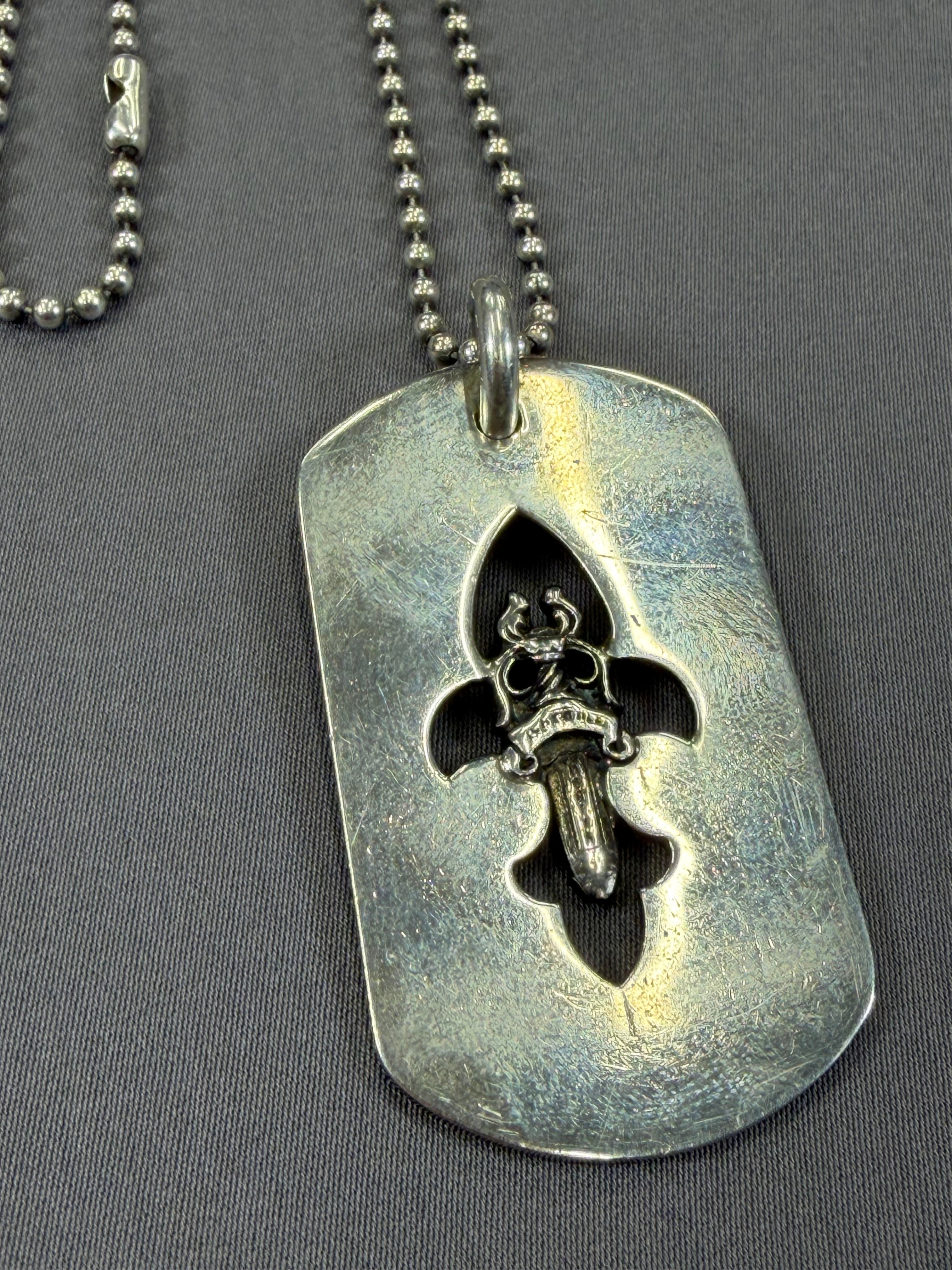 Chrome Hearts Fleur-De-Lis Dog Tag Necklace & Ball Chain 24inch