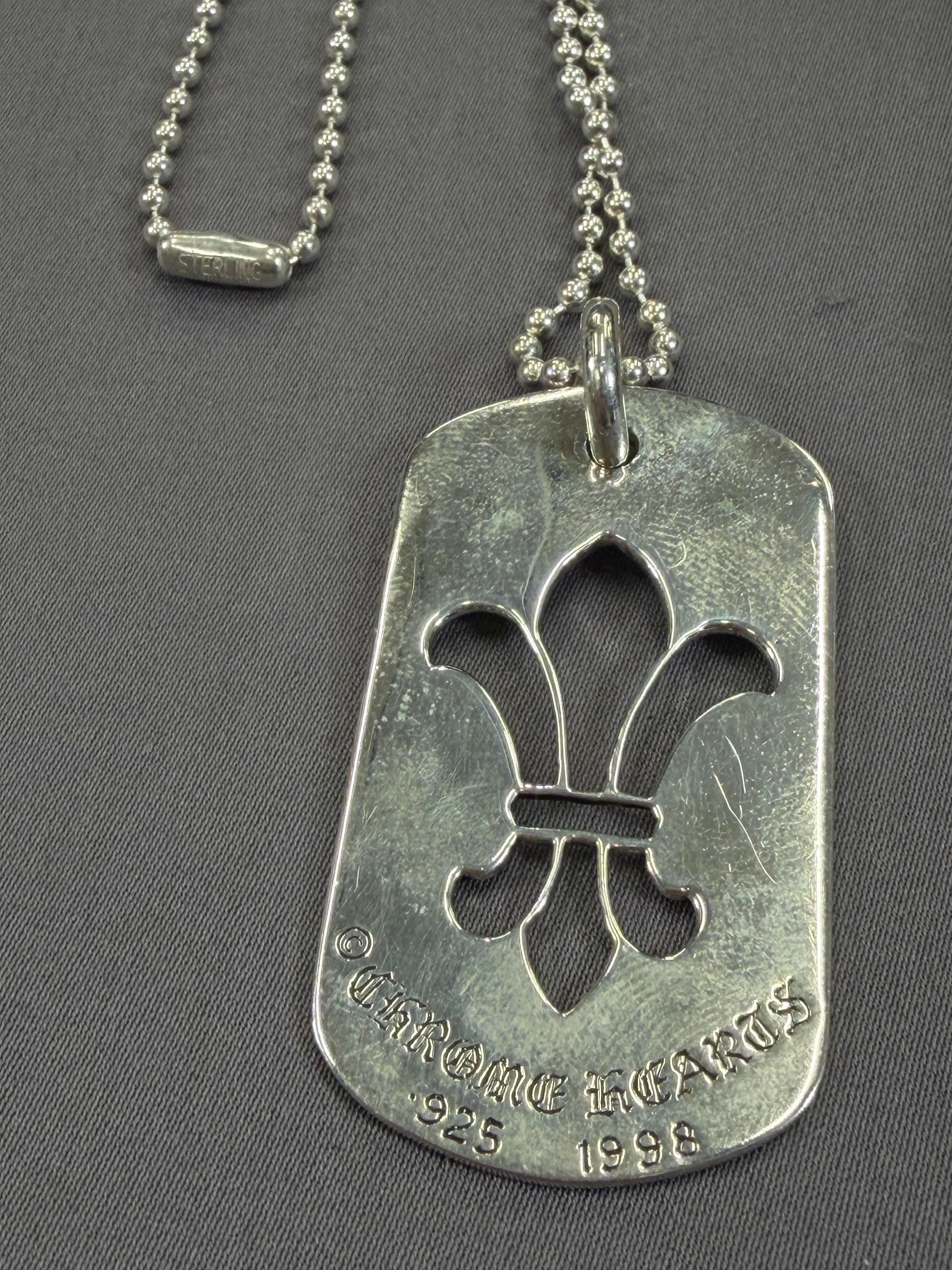 Chrome Hearts Large Fleur Cut Out Dog Tag & Chain W/ Dustbag & Receipt Brand New