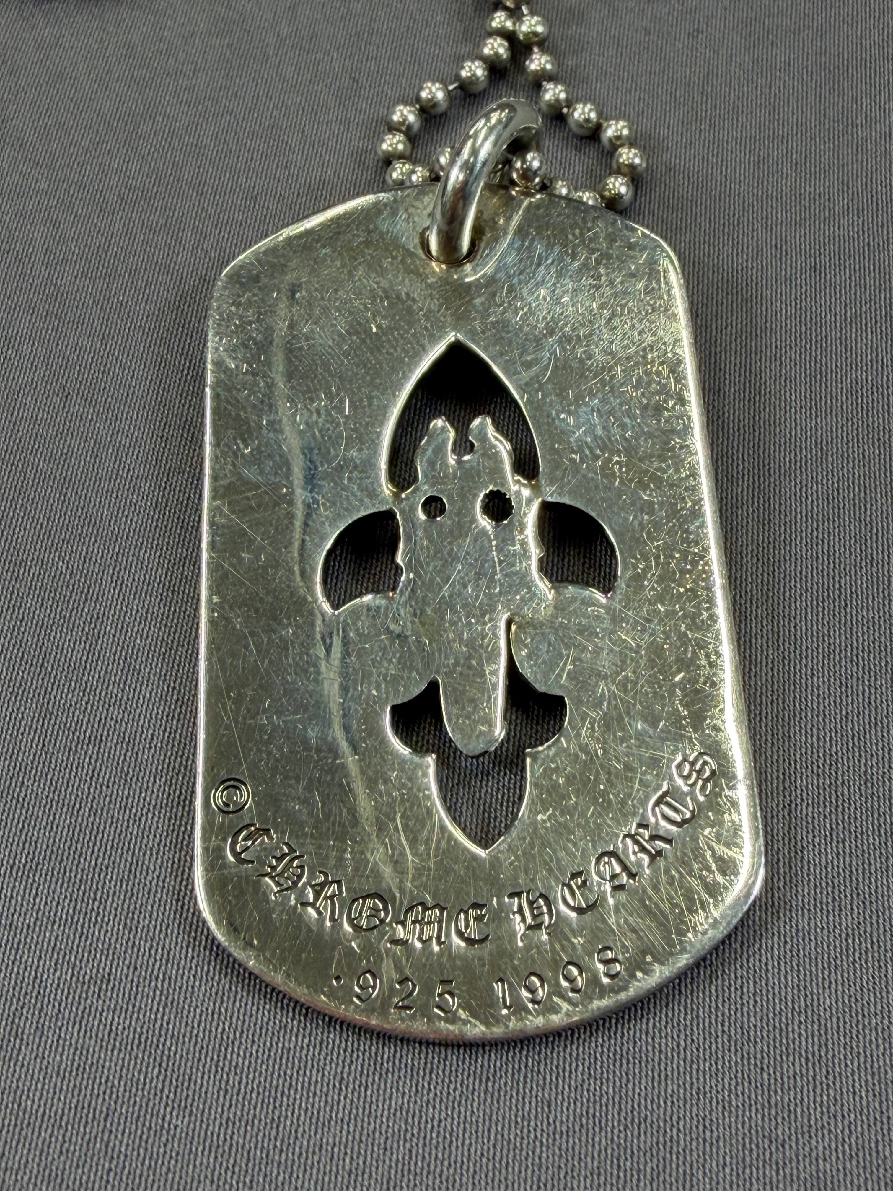 Chrome Hearts Fleur-De-Lis Dog Tag Necklace & Ball Chain 24inch